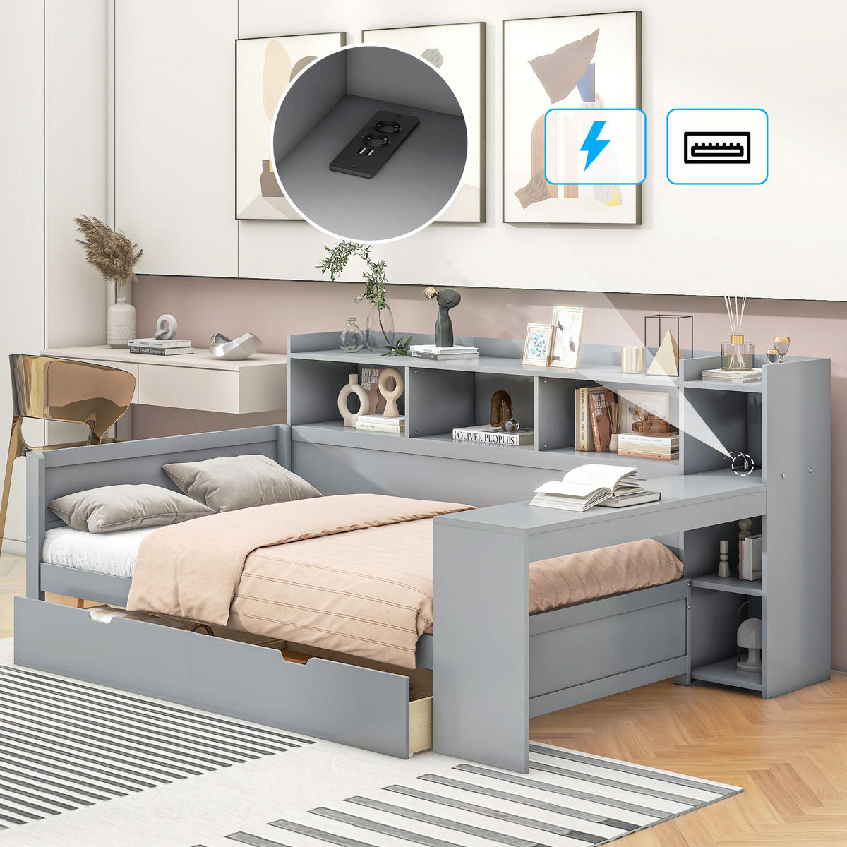 DAYBETT 90x200 cm USB Schubladen grau - Grau, Holzwerkstoff (90/200cm) - Fortuna Lai