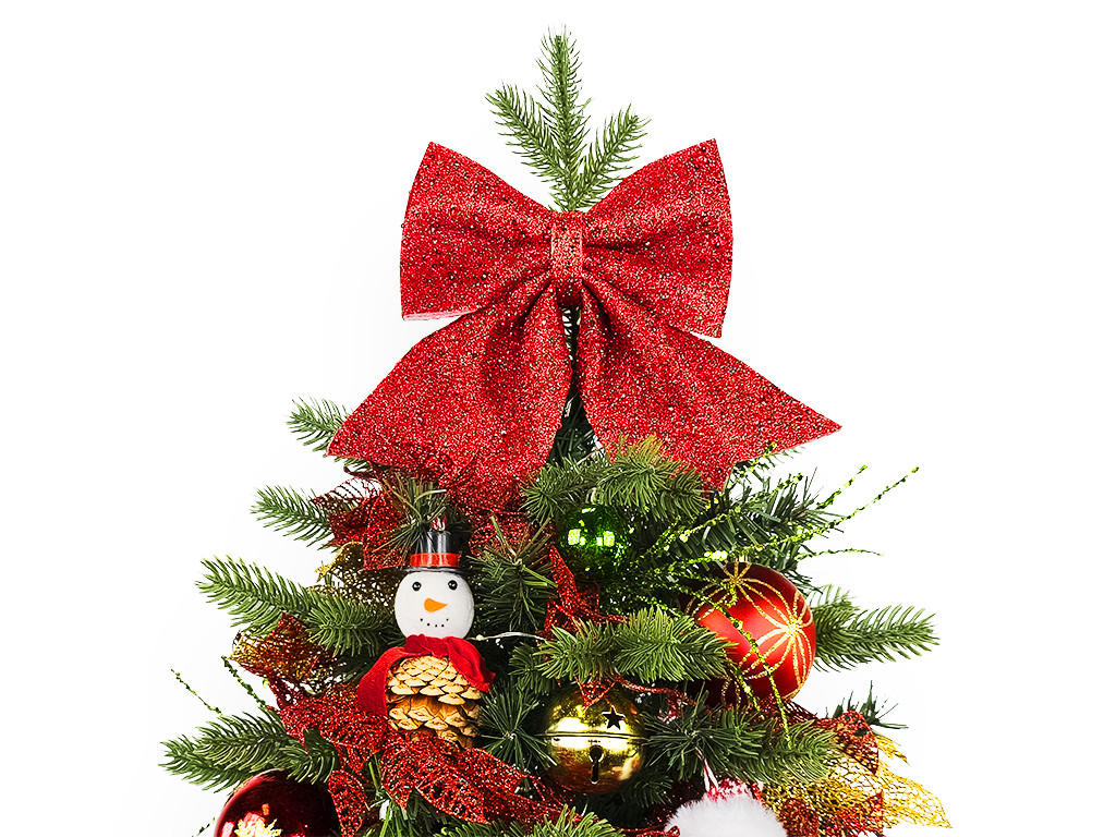 WEIHNACHTSBAUM künstlicher 60 cm mit LED-Beleuchtung, SCHNEEMANN II, mit 31 Weihnachtsbaumschmuck, Pflanztopf mit Jutesack - Rot/Goldfarben, Kunststoff/Stein (40/60cm) - LAALU