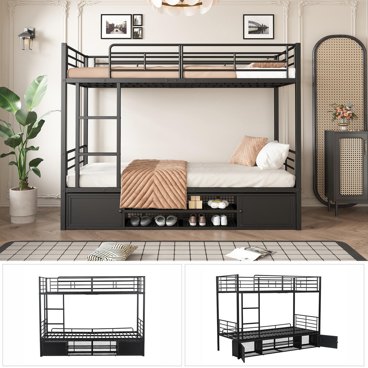 ETAGENBETT 90/200 cm & 90/200 cm in Schwarz mit Schuhregal, 2 Schränken und Leiter Metall - Schwarz, Metall (90/200cm) - STILVORA