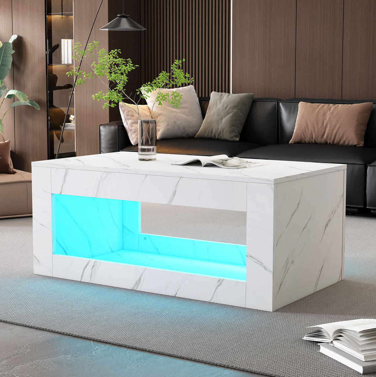 COUCHTISCH 100/50/50 cm mit USB-LED-Beleuchtung, Hochglanz und Marmordekor, Weiß - Weiß, Holzwerkstoff (100/50/50cm) - Redom