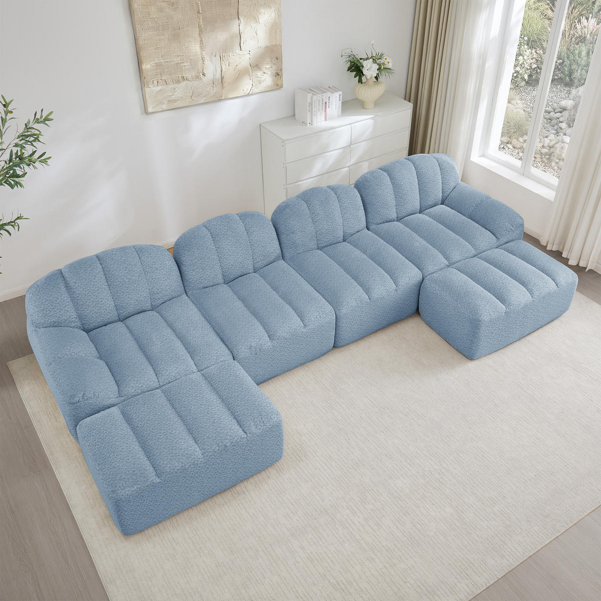 4-SITZER Sofa 366x165x79 cm aus granuliertem Fleece rahmenlos modular mit 2 Ottomans, blau - Blau, Textil (165/79/366cm)