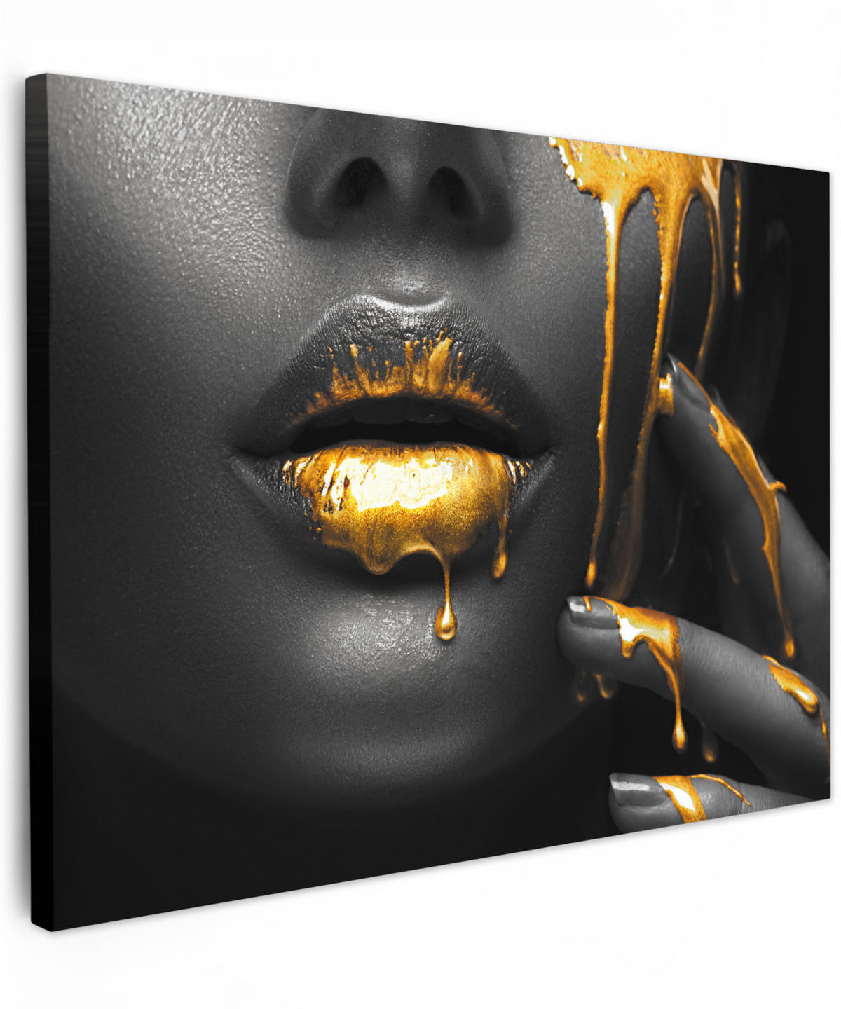 LEINWANDBILD Frau - Schwarz - Gold - Gesicht - Lippen 40x30 cm - Goldfarben, Textil (40/30cm) - MuchoWow