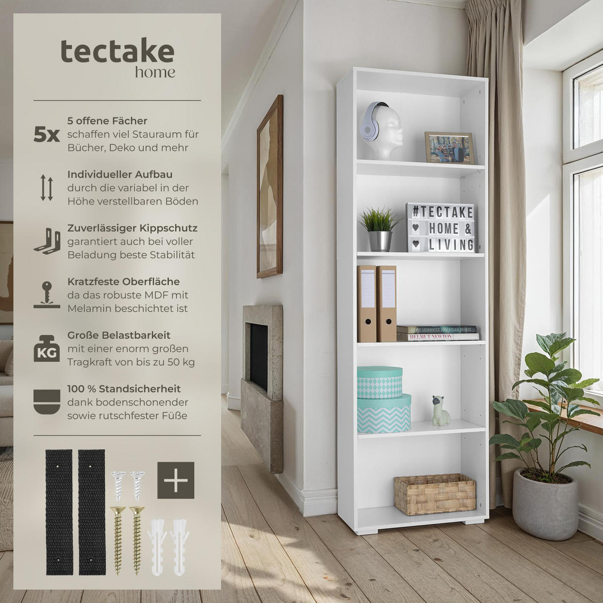 BÜCHERREGAL Lexi,60 x 30 x 190 cm,weiß - Weiß, Holz (30/190/60cm) - tectake