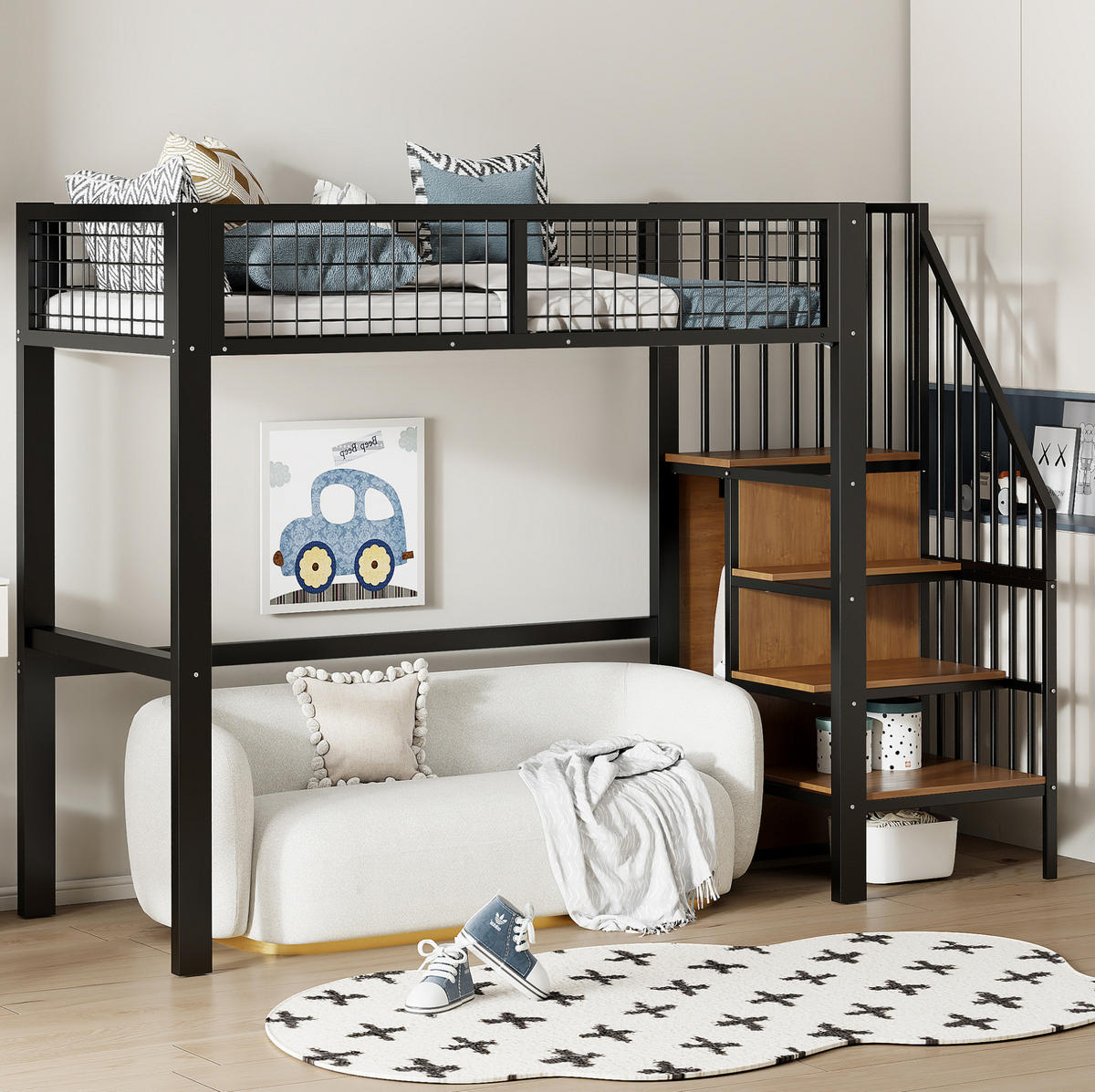 HOCHBETT 90/200 cm in Schwarz – mit Leiter, Kleiderschrank und Rausfallschutz - Schwarz, Metall (90/200cm) - BEAOK