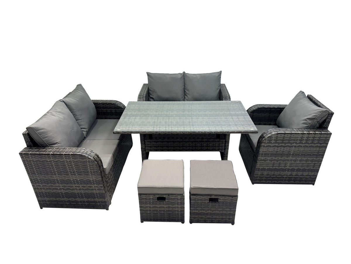 GARTENMÖBELGARNITUR mit Esstisch Polyrattan 7-Sitzer - Dunkelgrau/Grau, Glas/Kunststoff - Fimous