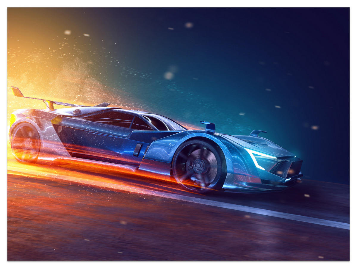 FOTOTAPETE für Jugendzimmer Futuristisches Sportwagen Neon 450x315 - Blau/Gelb, Papier (450/315cm) - Muralo