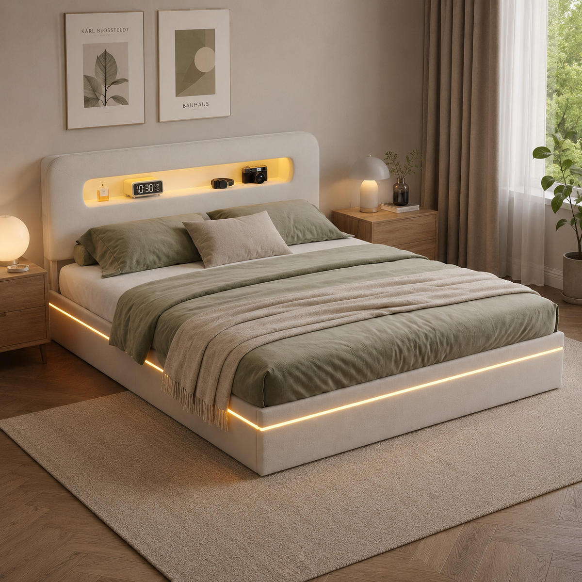 POLSTERBETT 160x200 cm mit LED-Beleuchtung und Stauraum Beige - Beige, Holz (160/200cm) - PARAFTA HOME