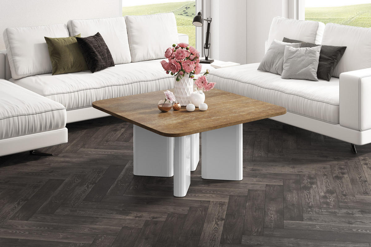 COUCHTISCH quadratisch Rostoptik Weiß Hochglanz 80/80/50 cm - Weiß Hochglanz/Rostfarben, Holzwerkstoff (80/80/50cm) - designimpex