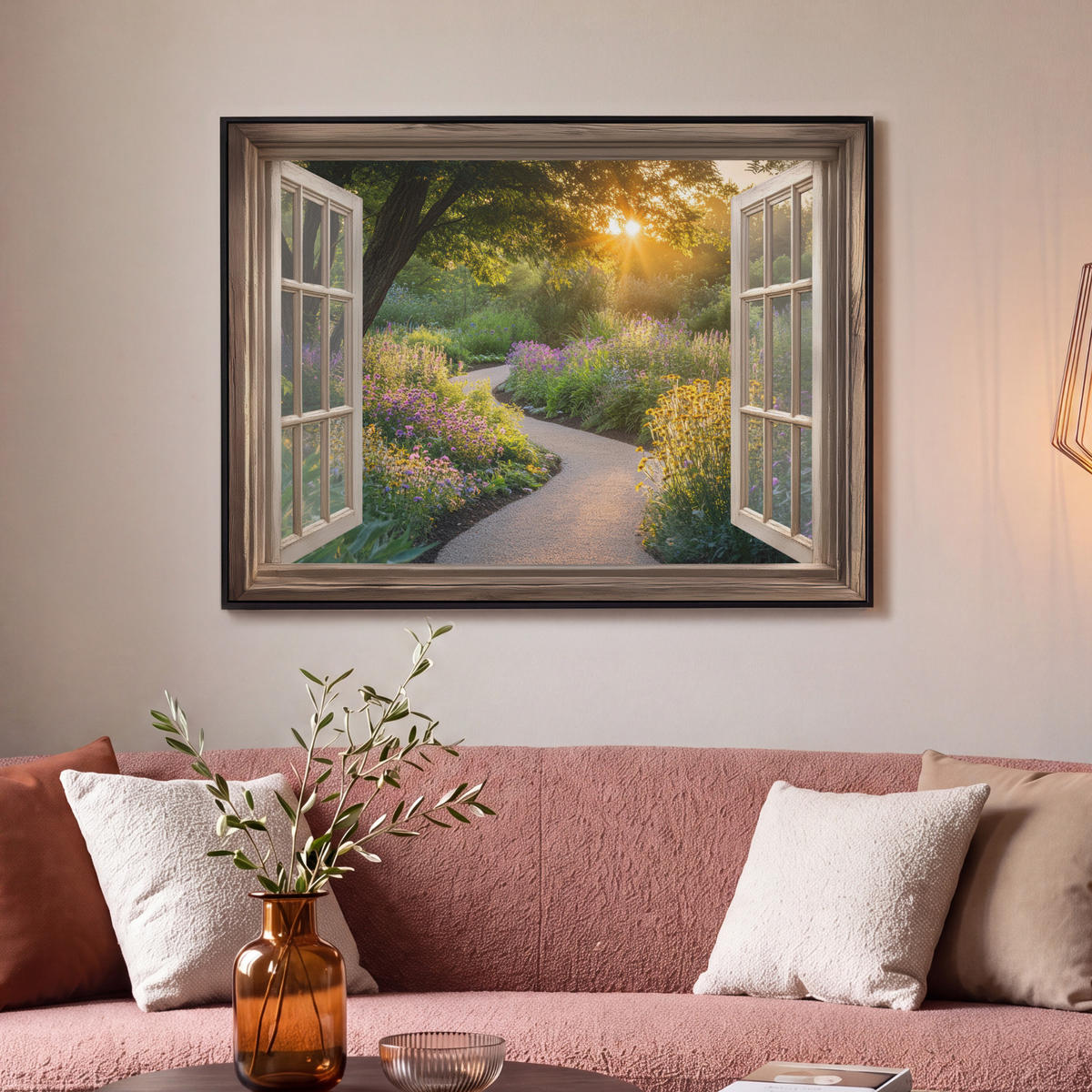 LEINWAND Bilder mit Rahmen - Aussicht - Blumen - Natur - Sonne - Weg - 100x70 - Hellgelb, Textil (100/70cm) - MuchoWow