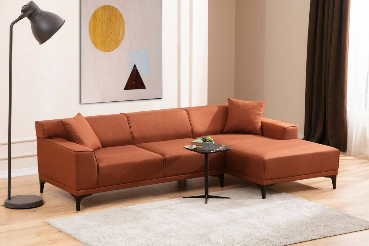 ECKSOFA modern inklusive Zierkissen - Schwarz/Orange, Holz/Kunststoff (145/250cm) - myHomelando