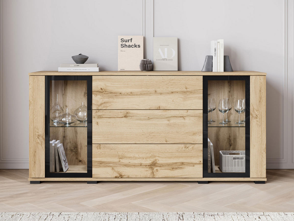 SIDEBOARD Caro SB 150 2D3S mit weißer LED Beleuchtung - Eiche Wotan/Schwarz, Holzwerkstoff/Kunststoff (150/70/40cm) - MIRJAN24