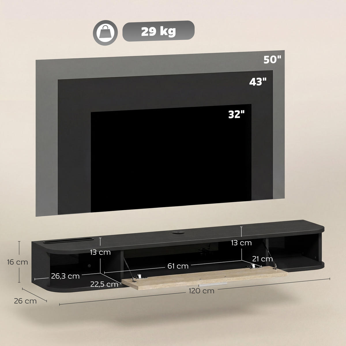 LOWBOARD Schwarz 120/26/16 cm, Wandmontage, 1 Klappe, 2 offene Fächer - Schwarz, Holzwerkstoff (120/16/26cm) - PANGIVO