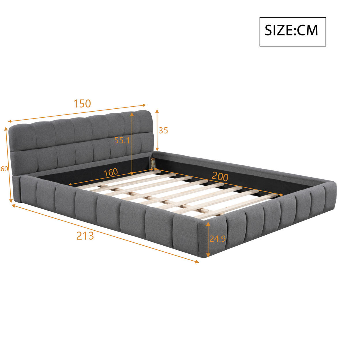PLATTFORMBETT 140x200cm mit umlaufender Polsterung & Leinenstoff - Grau, Holz - SHOPENTRA