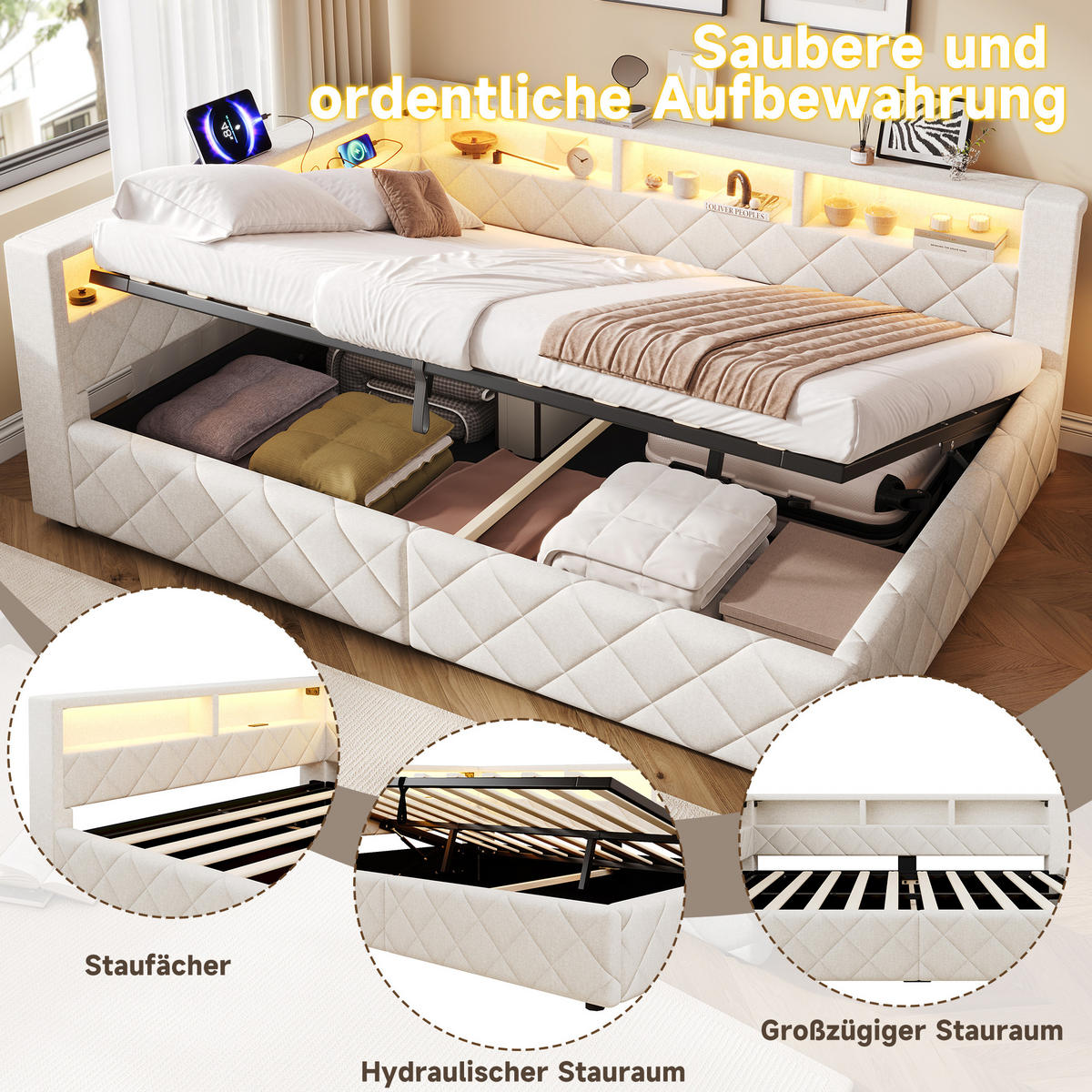 SCHLAFSOFA 140 x 200 cm, Beige, Leinen, LED, USB - Beige, Naturmaterialen (140/200cm) - FLIEKS