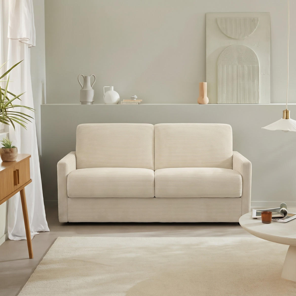 SOFA 3 sitzer aus elfenbeinfarbenem Cord umbaubar giulia 175/100/87 cm - Weiß, Holz (100/87/102cm) - Calicosy