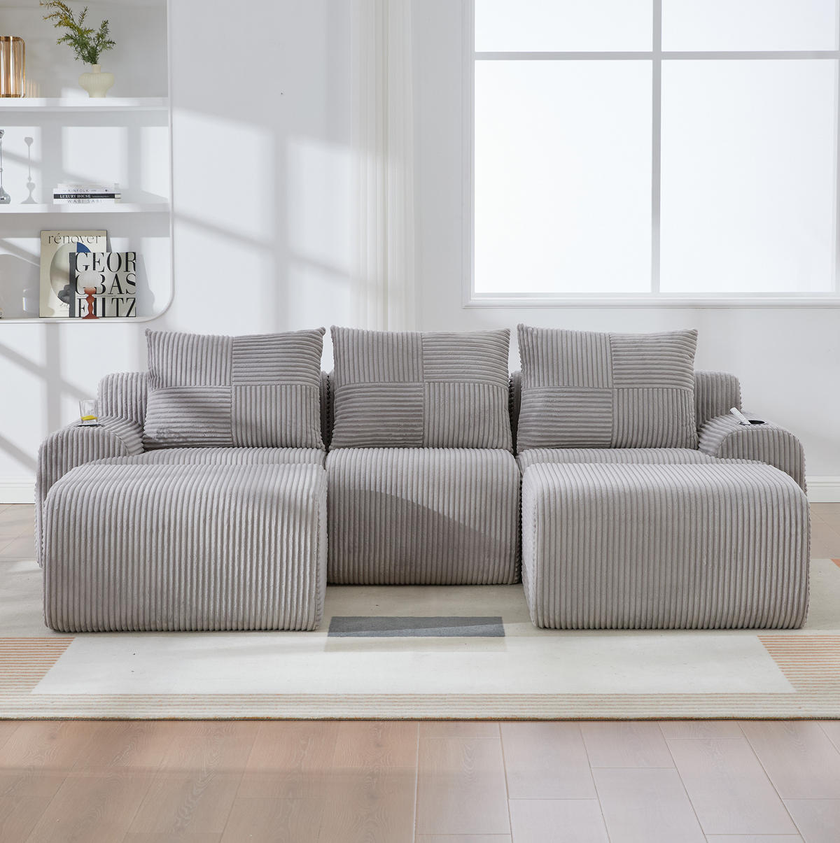 3-SITZER Wohnlandschaft Cord mit 2 Hockern und Getränkehalter 268/174/80 cm Hellgrau - Hellgrau, Textil (174/80/268cm) - Redom