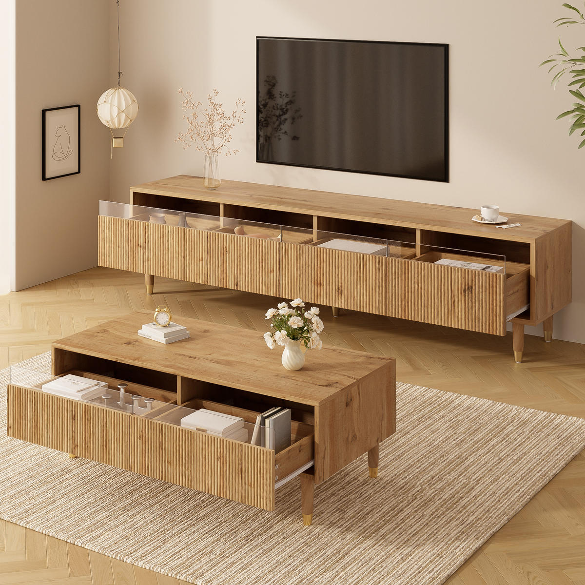 TV-SCHRANK SET holzoptik, 3d-rillen & smart led - Naturfarben, Holzwerkstoff (178/45/35cm) - Urban Meuble