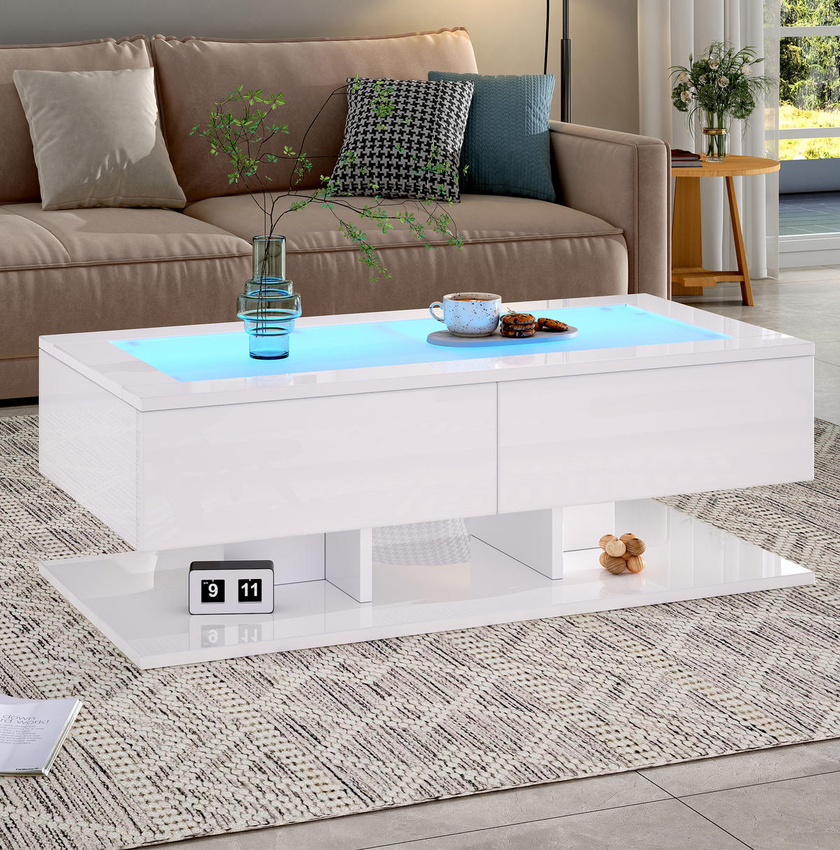 COUCHTISCH 100/50/35 cm in Weiß mit 2 Schubladen und LED-Beleuchtung - Weiß, Holzwerkstoff (100/50/35cm) - Flora Grace