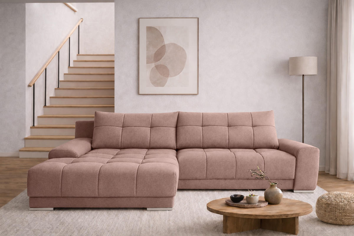 ECKSOFA WAVE Mit Schlaffunktion, Stoff SORO, Rosa Links - Rosa, Holz (105/281cm) - Kaiser Möbel