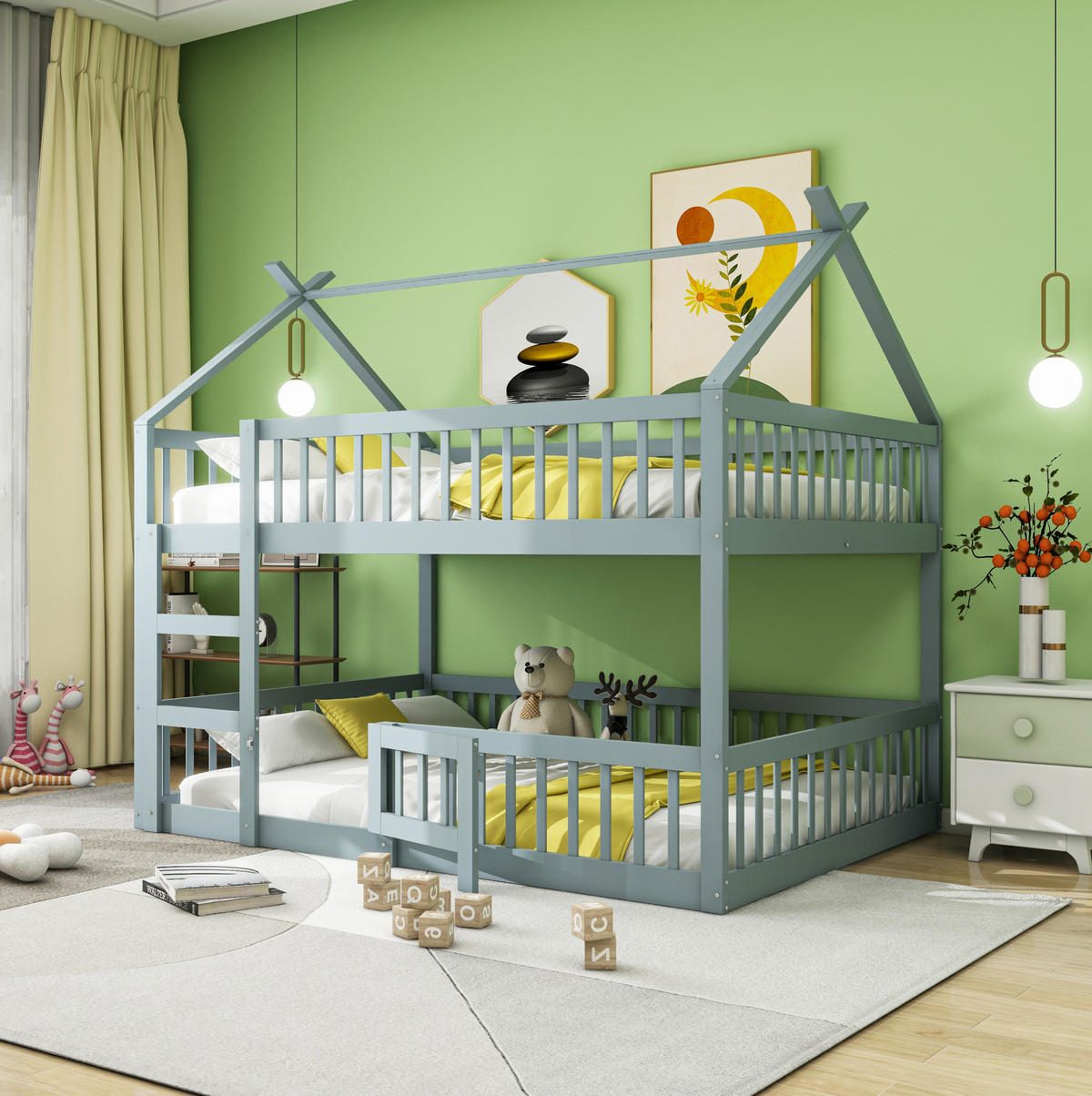ETAGENBETT 140/200 cm in Grau mit Treppe und Tür - Grau, Holz (140/200cm) - OKMYHOME