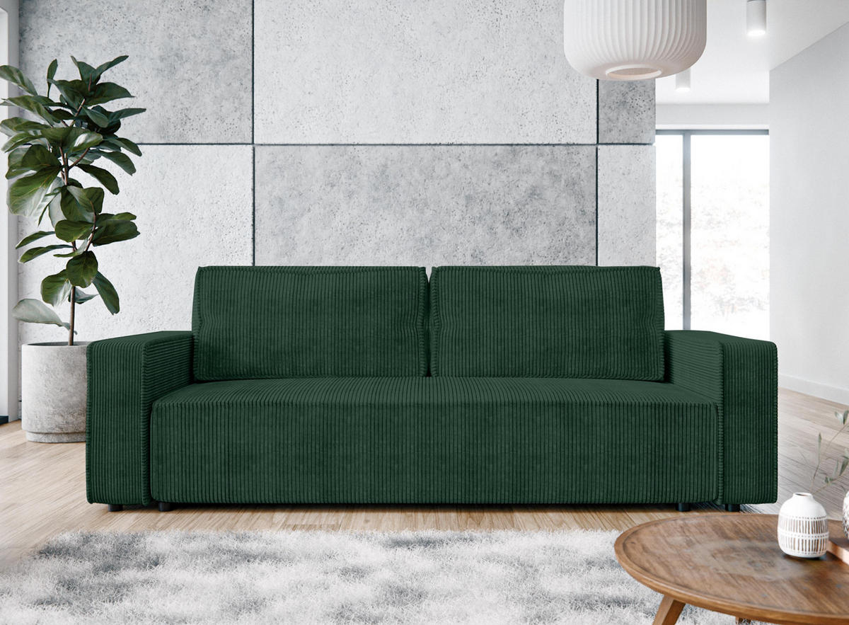 BIGSOFA Aydin Sofa Grün 238/94/85 cm Cord mit Schlaffunktion Bettkasten - Dunkelgrün/Schwarz, Kunststoff/Textil (238/85/94cm) - AX Living