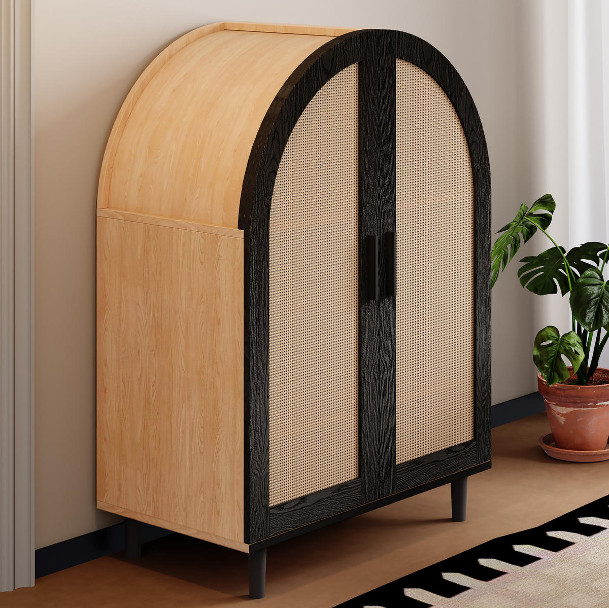BOTNÍK z MDF a dřevotřísky 70x100x40 cm přírodní/černý se 2 ratanovými dvířky, 3 policemi a tlumeným dovíráním - přírodní, kompozitní dřevo (70/100/40cm) - Modfu