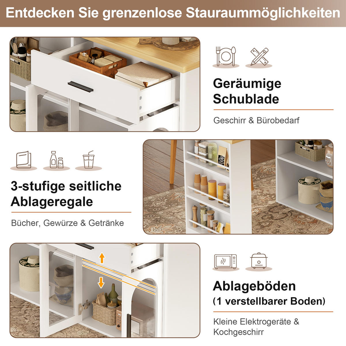 KÜCHENINSEL 136/50/78 cm Weiß mit 360° Drehtisch, 1 Schubladen und Stauraumschrank - Weiß, Holz (50/78/136cm) - Oxeza