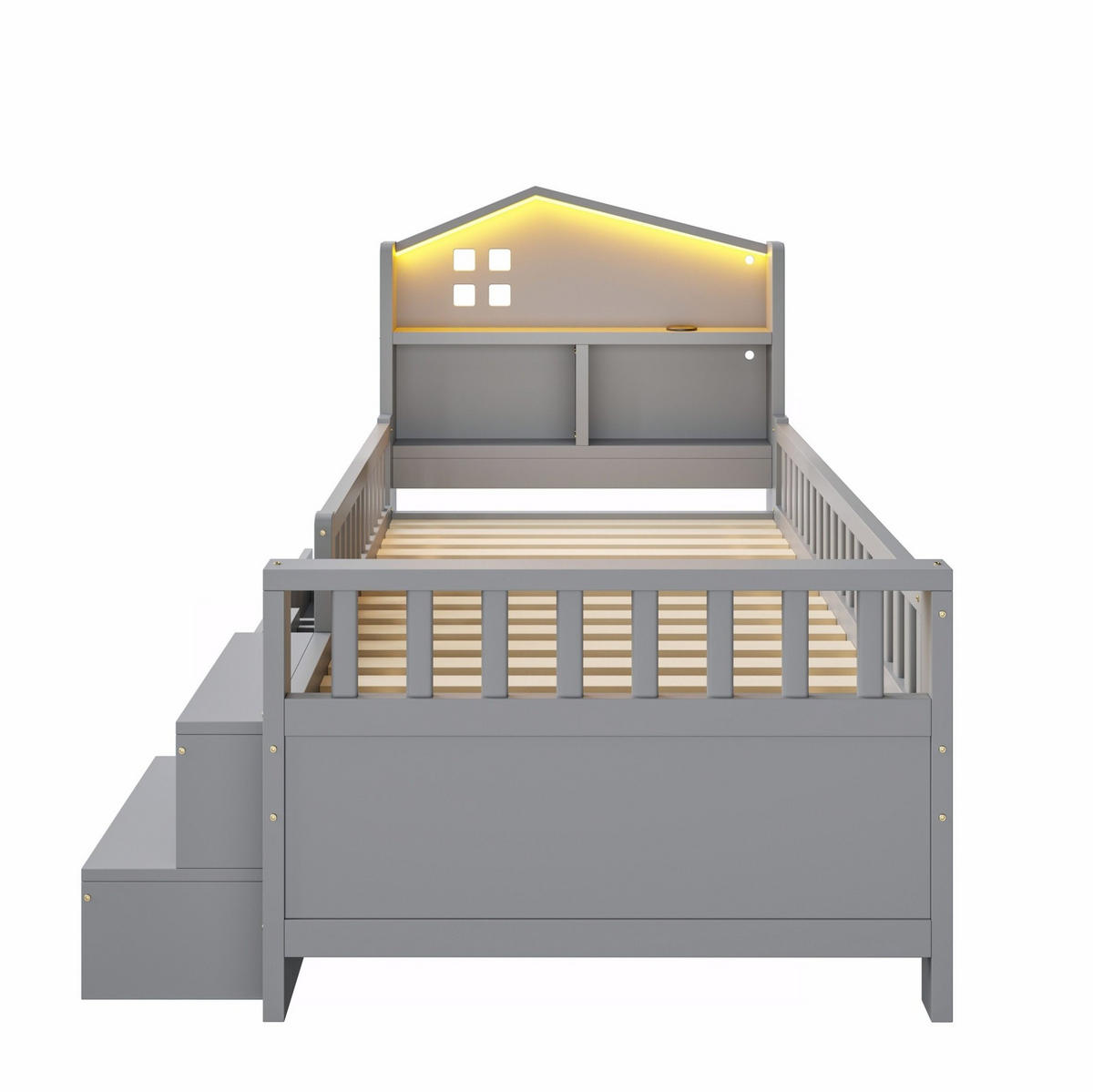 KINDERBETT 90/200 cm mit LED, USB- und USB-C-Anschluss, 4 Schubladen, Treppe und Lattenrost, Grau - Grau, Holzwerkstoff (90/200cm) - Redom