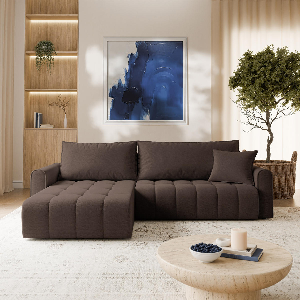 ECKSOFA FRIGA Braun Strukturstoff mit Schlaffunktion - Braun, Holz (283/185cm) - MASSENO