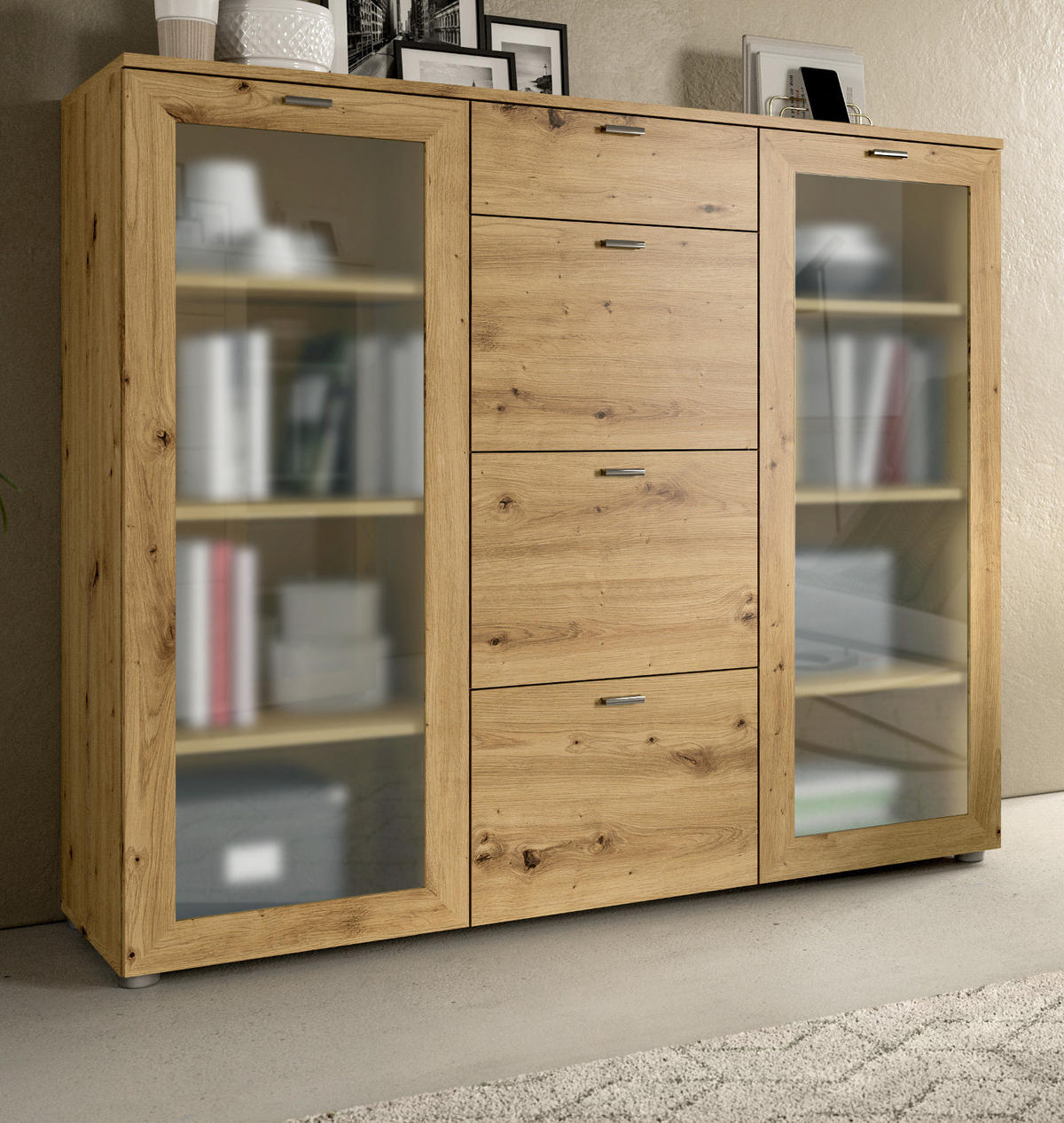 HIGHBOARD Eiche Artisan 135 cm, 2 Türen mit Glaselement - Silberfarben/Eiche Artisan, Glas/Holzwerkstoff (135/115/37cm) - Inn.Furn