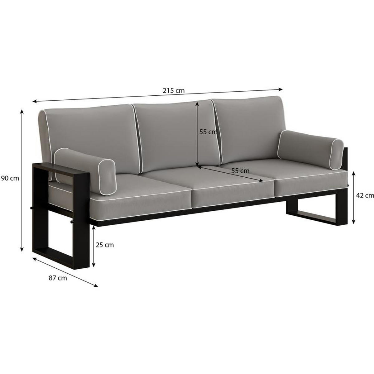 LOUNGESOFA 3-Sitzer Verdino mit Metallrahmen 215 cm anthrazit - Anthrazit, Metall (215/90/87cm) - Beautysofa