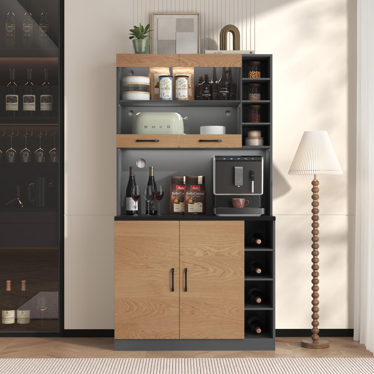 BUFFET Küchenbuffet Glas LED mit verstellbaren Fächern Anti-Kipp Kabelmanagement Dunkelgrau Holzoptik - Transparent/Naturfarben, Glas/Holzwerkstoff (100/187/47cm) - EVRYAE