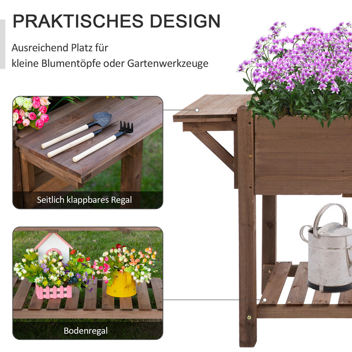 HOCHBEET Pflanzkasten mit 8 geteilten Gittern, faltbare Ablage, Massivholz, Braun - Braun, Holz (54/74/123cm) - Outsunny