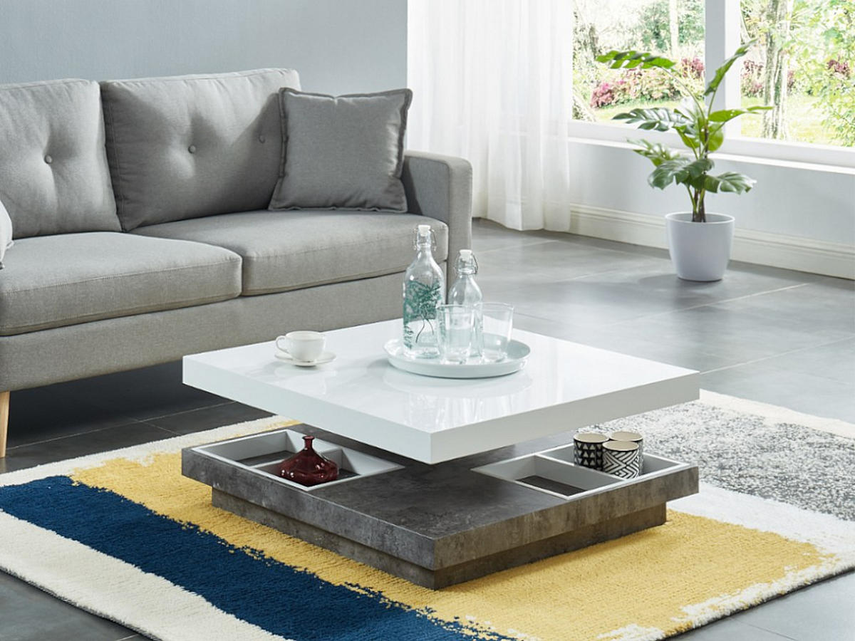 COUCHTISCH mit drehbarer Tischplatte - MDF - Weiß lackiert & Beton-Optik - FAUSTO II - Grau, Holz (80/80/34cm) - Vente-Unique