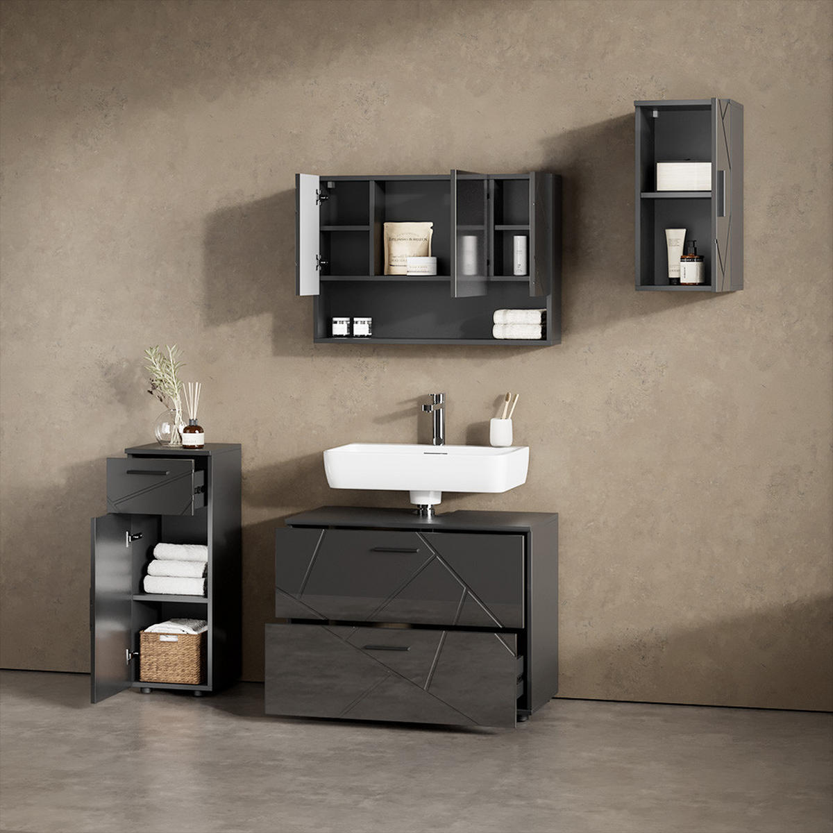BADMÖBEL-SET Ronco Anthrazit Hochglanz 4 Teile - Anthrazit, Holzwerkstoff (41/80/58cm) - Livinity®