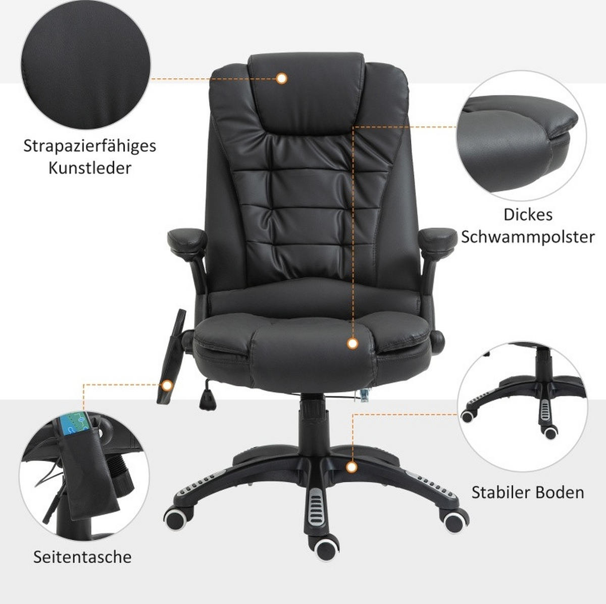 DREHSTUHL 54 cm Sitzbreite, Sitzhöhe 44–54 cm, höhenverstellbar mit Massagefunktion, Kunstleder, 70/70/121 cm, schwarz - Schwarz, Kunststoff (70/121/70cm) - Redom