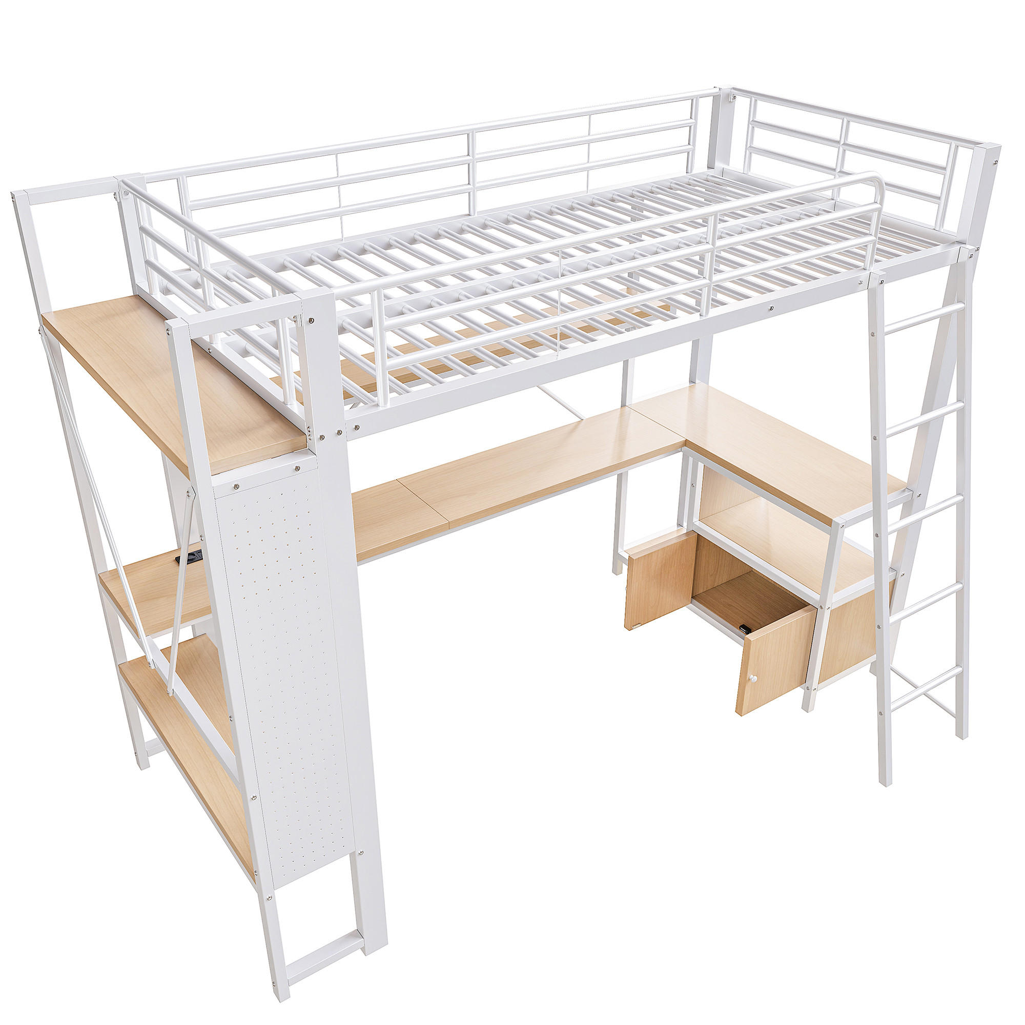 HOCHBETT 90/200 cm DE-04995, mit LED, Schreibtisch und Lochwand in Weiß - Weiß, Metall (90/200cm) - ComfortXL