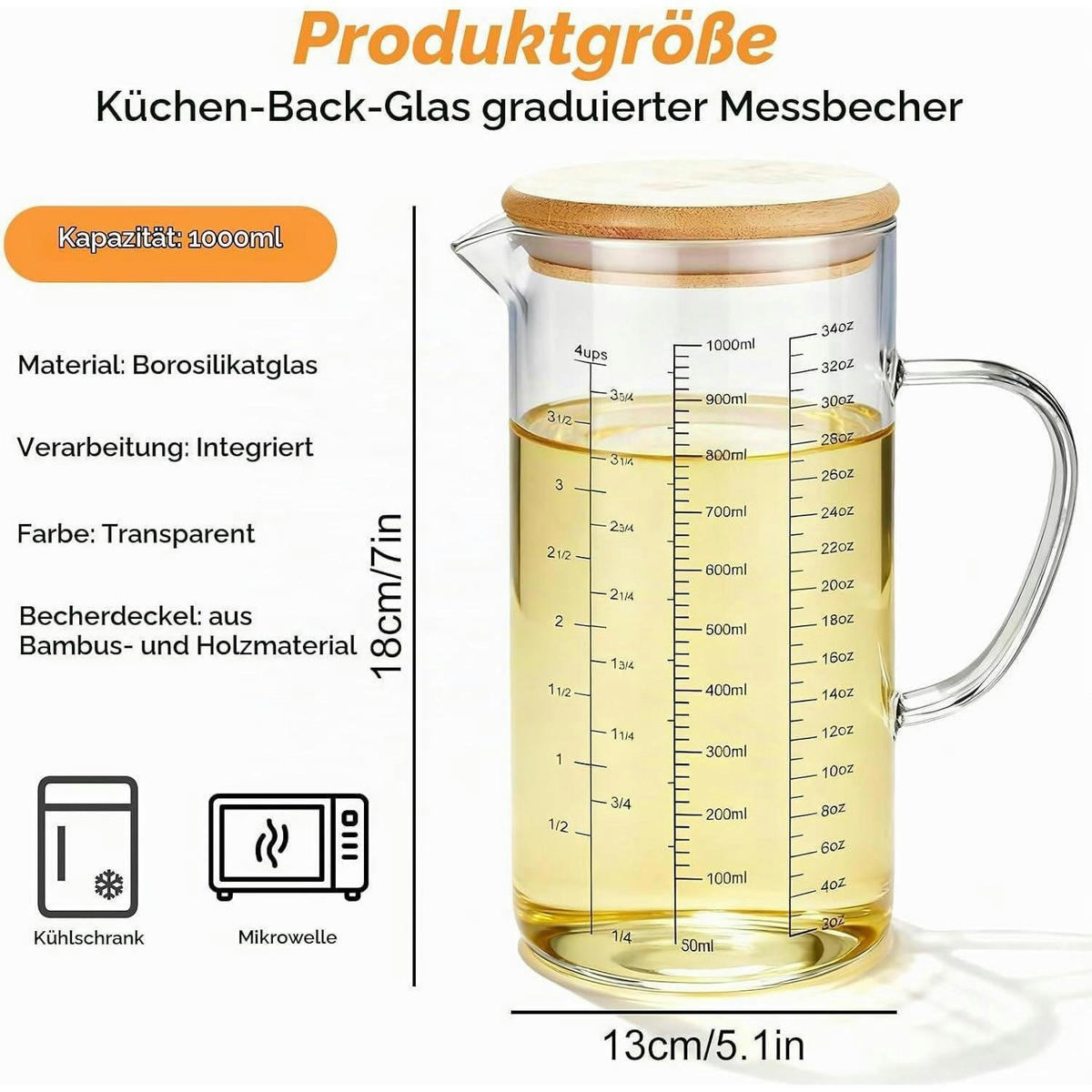 MESSBECHER 1L Glas mit Griff und Deckel - Transparent, Glas (1L)