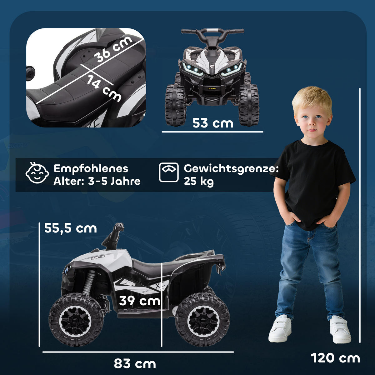 MINI ELEKTRO-QUAD KINDER, Schwarz+Weiß, Kunststoff+ Metall - Weiß, Metall (83/53/55.5cm) - HOMCOM