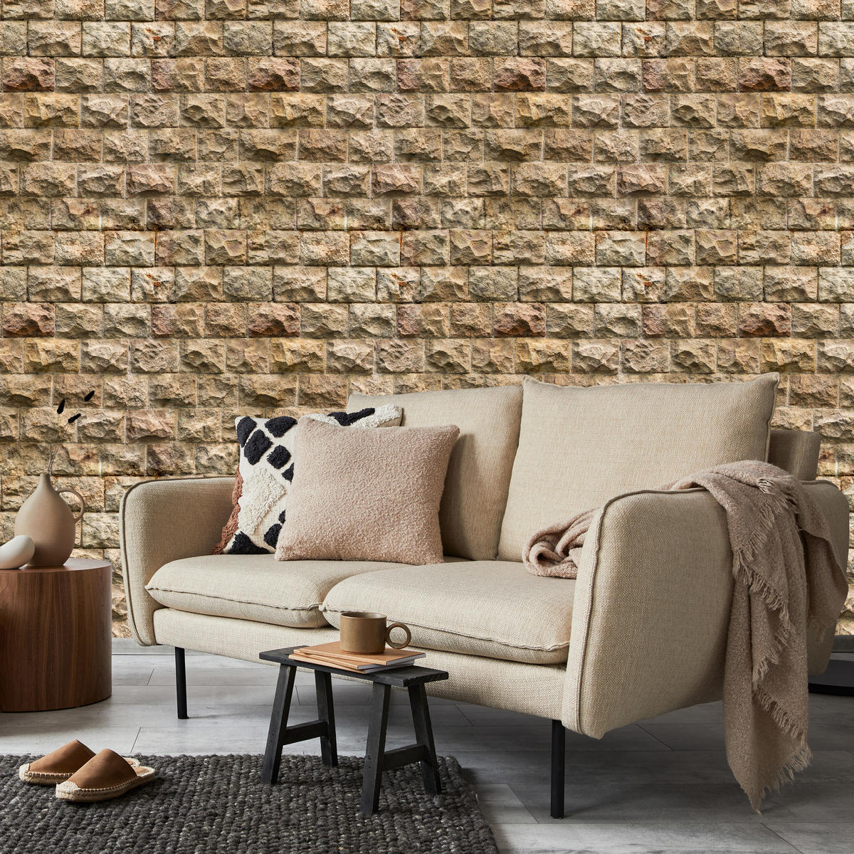 VLIESTAPETE Steinmauer in 3D-Optik – Braun, Beige – 50x1000 cm - Beige/Braun, Papier (50/1000cm) - Muralo