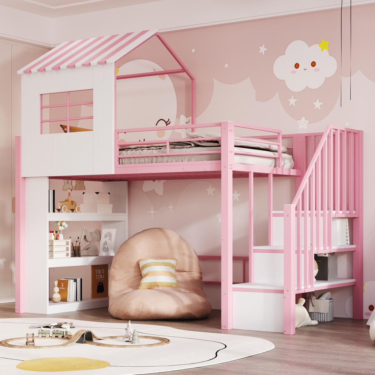 HOCHBETT 90/200 cm aus Metall und MDF mit Stauraumtreppe, Regal und Freiraum unter dem Bett, Rosa/Weiß - Rosa, Metall (90/200cm) - Redom