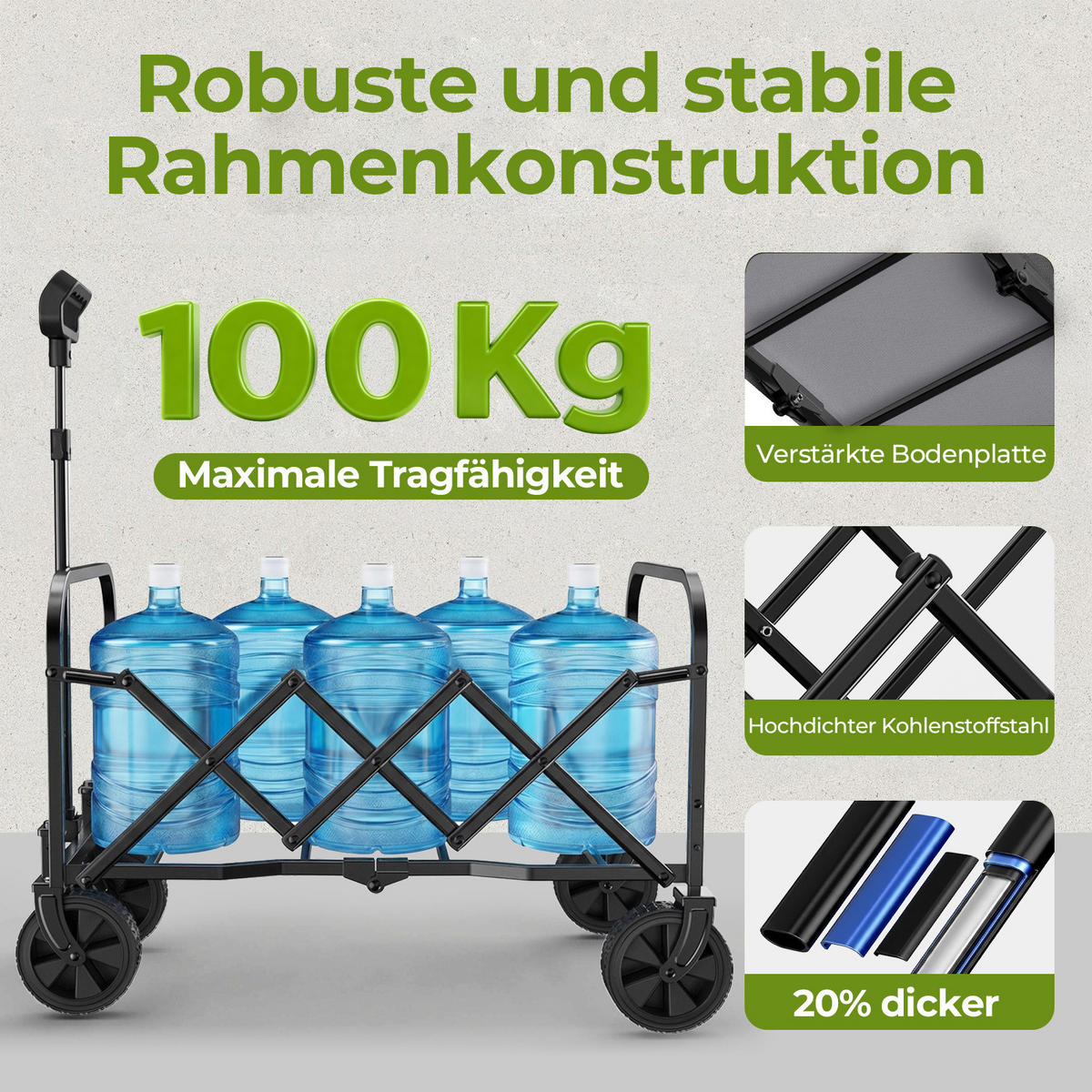 FALTWAGEN, klein-tragbar, 100kg Traglast, verstellbarer Griff, schwarz - Schwarz, Metall (18/34.5/44cm) - Vallsero