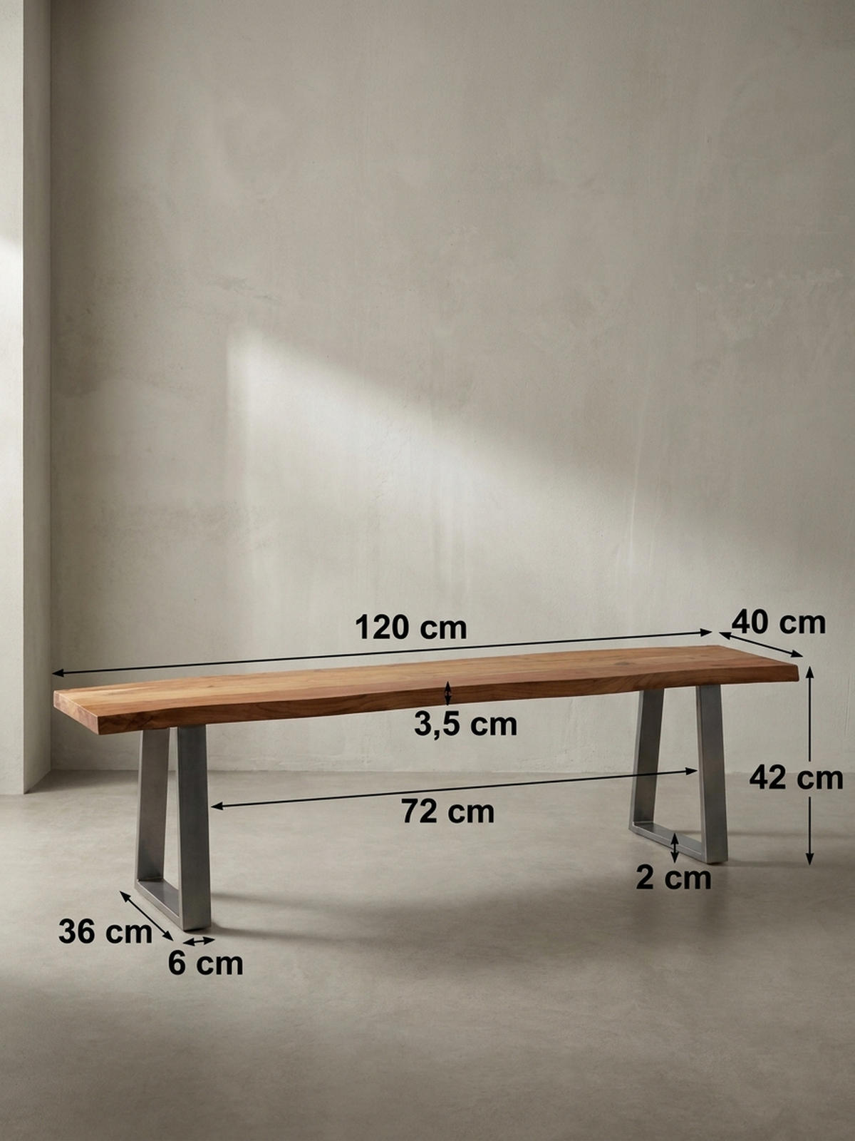 ESSZIMMERBANK Massivholz Metall Baumkante Chromgestell, Akazie 120x40x46 cm - Silberfarben/Braun, Holz/Metall (120/46/40cm) - KADIMA DESIGN