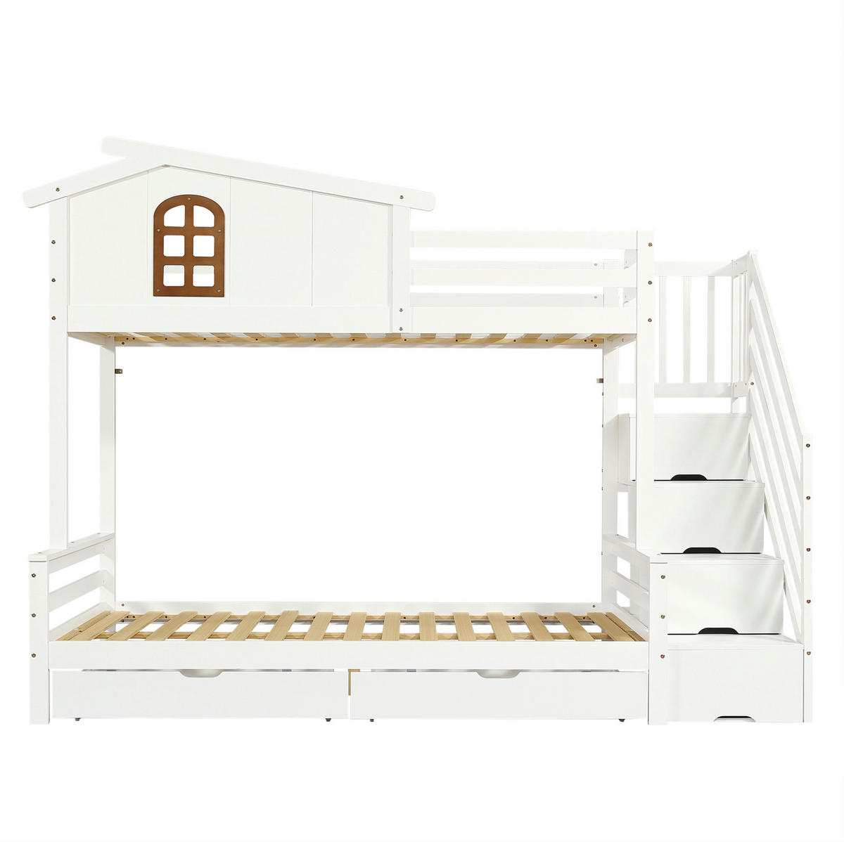 ETAGENBETT 90/200 cm & 120/200 cm mit 2 Schubladen, Eck-Leiterschrank und Fenstern, Weiß/Natur - Weiß, Holzwerkstoff (90/200cm) - Redom