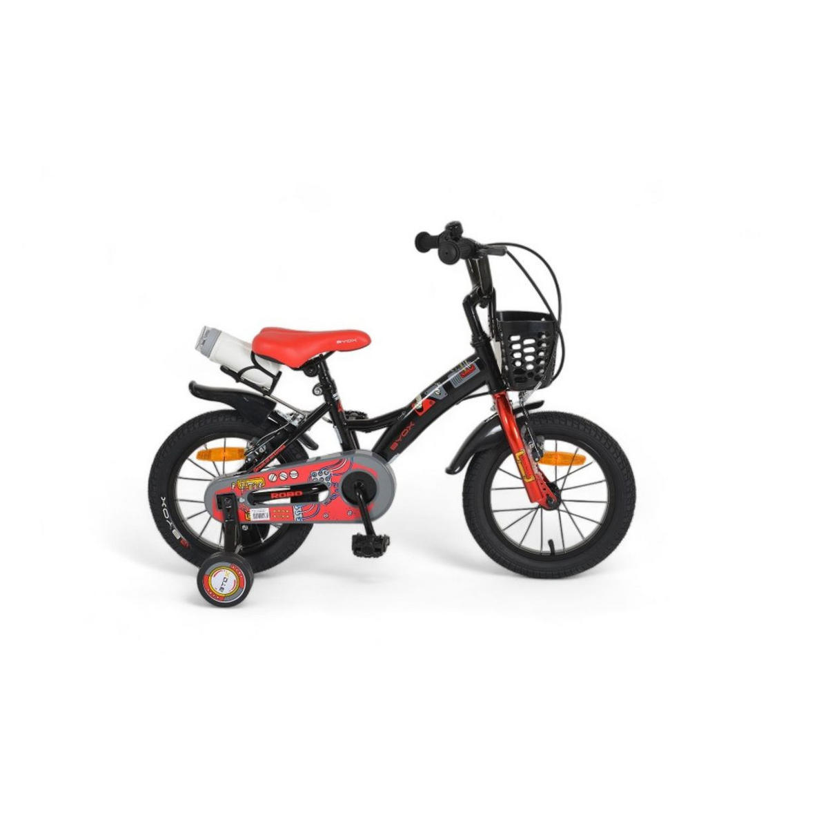 KINDERFAHRRAD Robo 14 Zoll schwarz Stützräder, Frontkorb, Getränkehalter, Klingel - Schwarz, Metall (65cm)