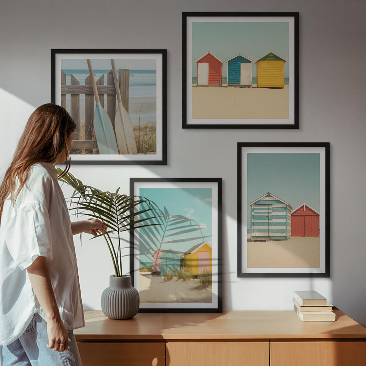 WANDBILDER 4er-Set - 50x50 cm & 40x60 cm Schwarzer Rahmen - Bunte Häuser, Strand, Sonne - Schwarz, Kunststoff (50/50cm) - ArtPrintCave