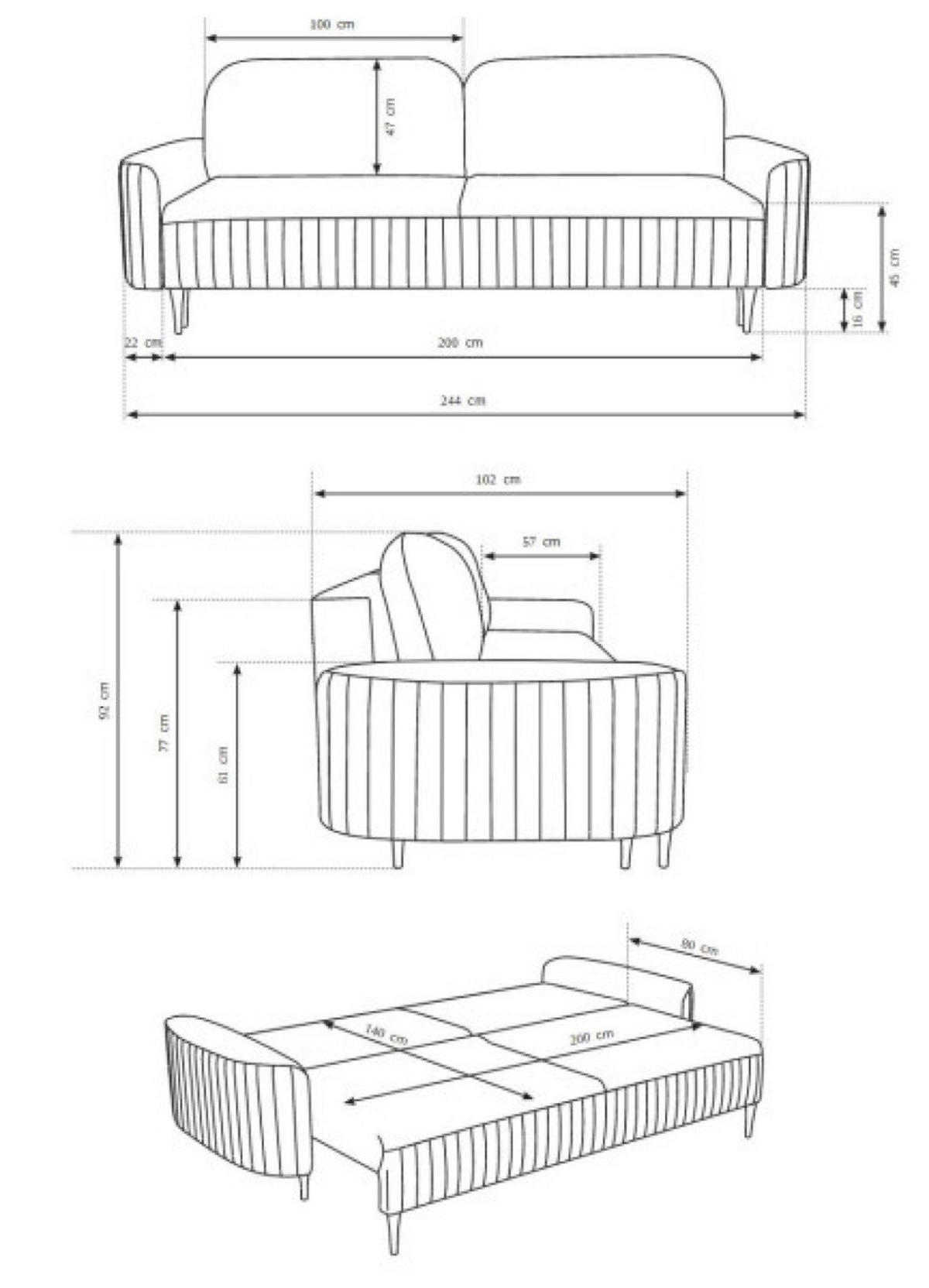 SOFA Granat ANES Ausziehbar Drei-Sitzer - Blau, Textil (244/92/102cm) - Sepro Meble