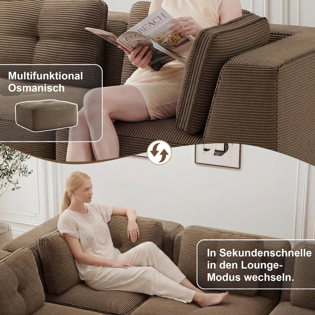 2-SITZER Sofa 208x104x69 cm aus Cordstoff rahmenlos modular, braun - Braun, Textil (104/69/208cm)