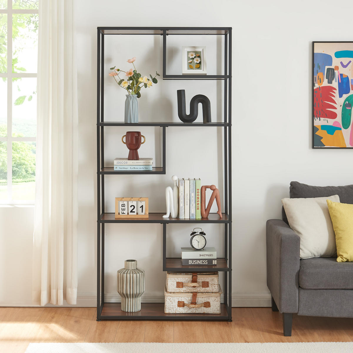 BÜCHERREGAL Østre - Walnussfarben/Schwarz, Holzwerkstoff/Metall (83/180/34cm) - [en.casa]