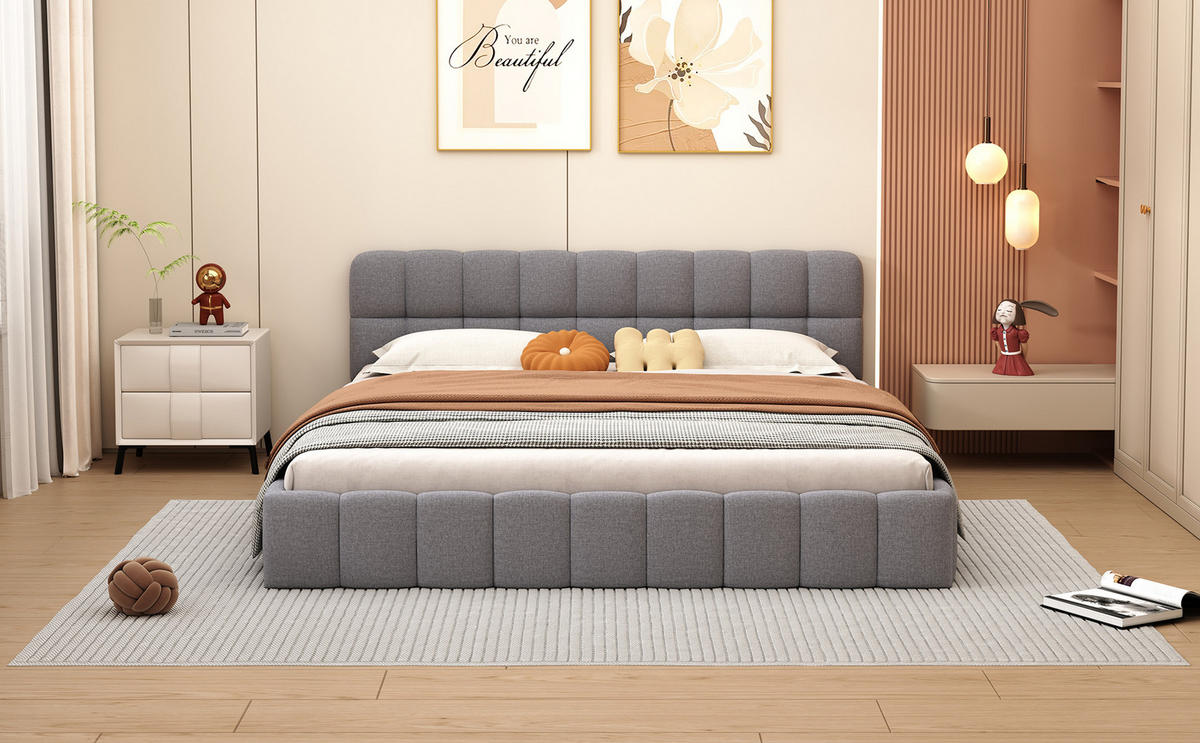 POLSTERBETT 160x200 Grau Leinen gepolstert - Grau, Metall (160/200cm) - SHOPENTRA